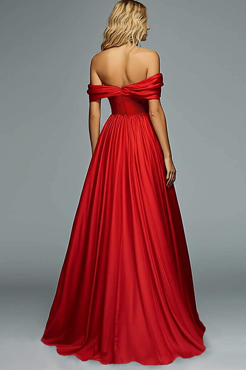 Red Satin A Line Off the Shoulder Ruched Long Prom Dress