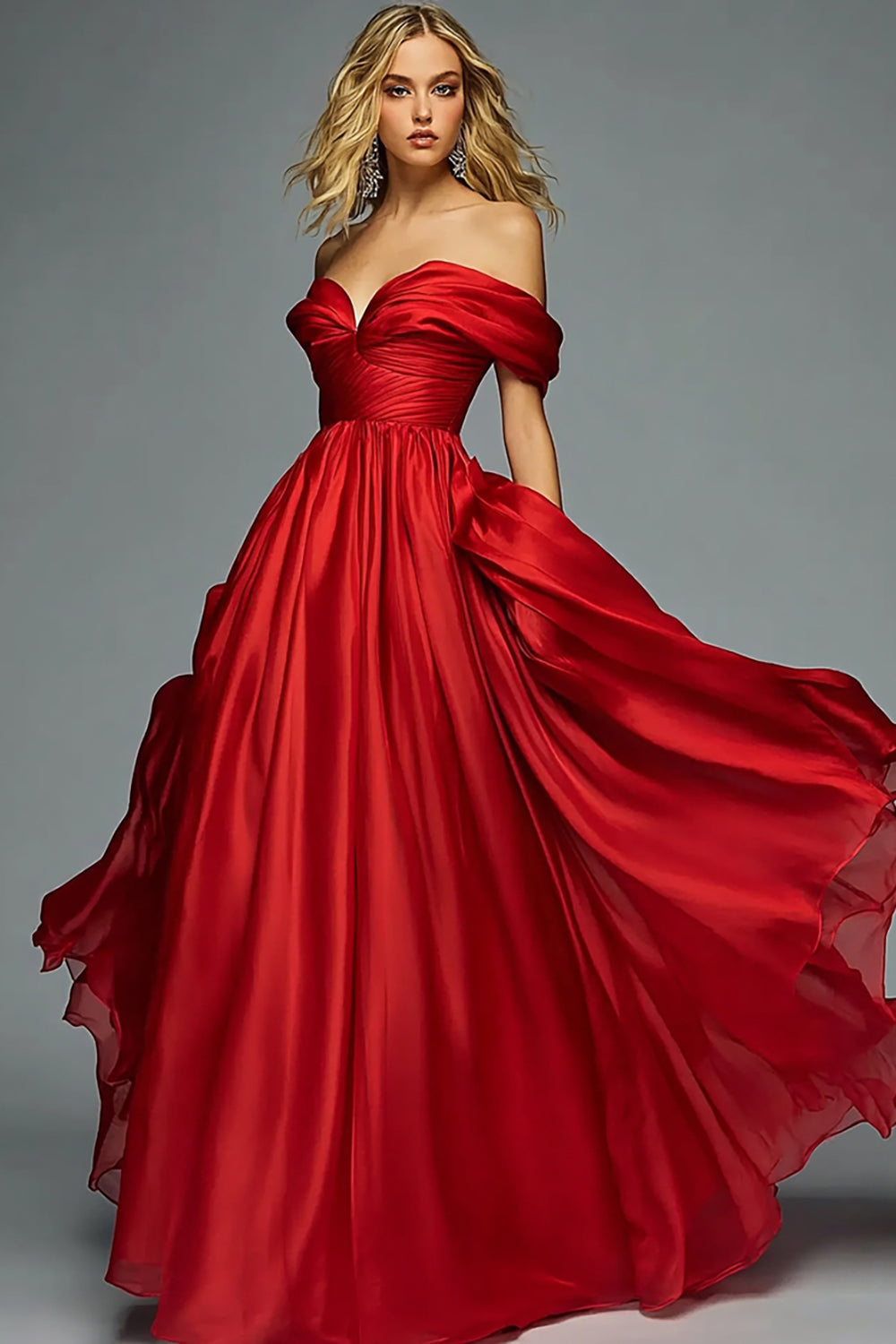 Red Satin A Line Off the Shoulder Ruched Long Prom Dress