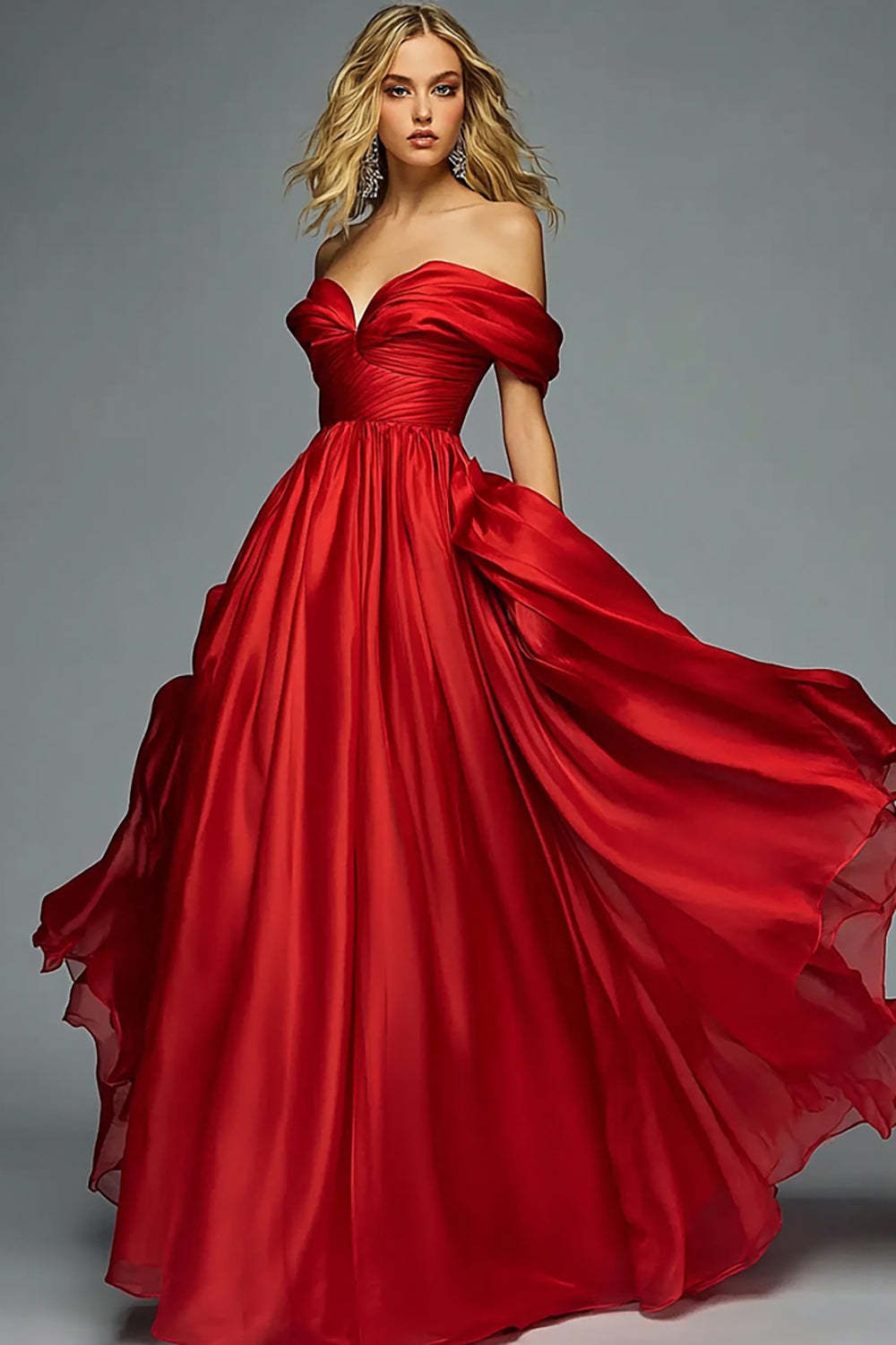 Red Satin A Line Off the Shoulder Ruched Long Prom Dress