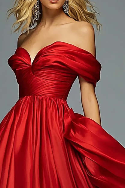 Red Satin A Line Off the Shoulder Ruched Long Prom Dress
