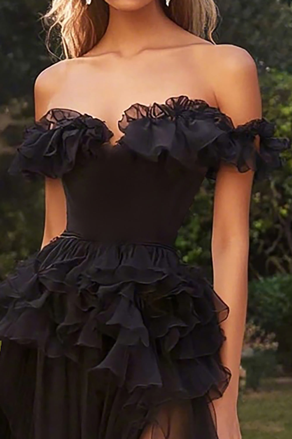A Line Chiffon Off the Shoulder Ruffled Long Black Tie Dress with Slit