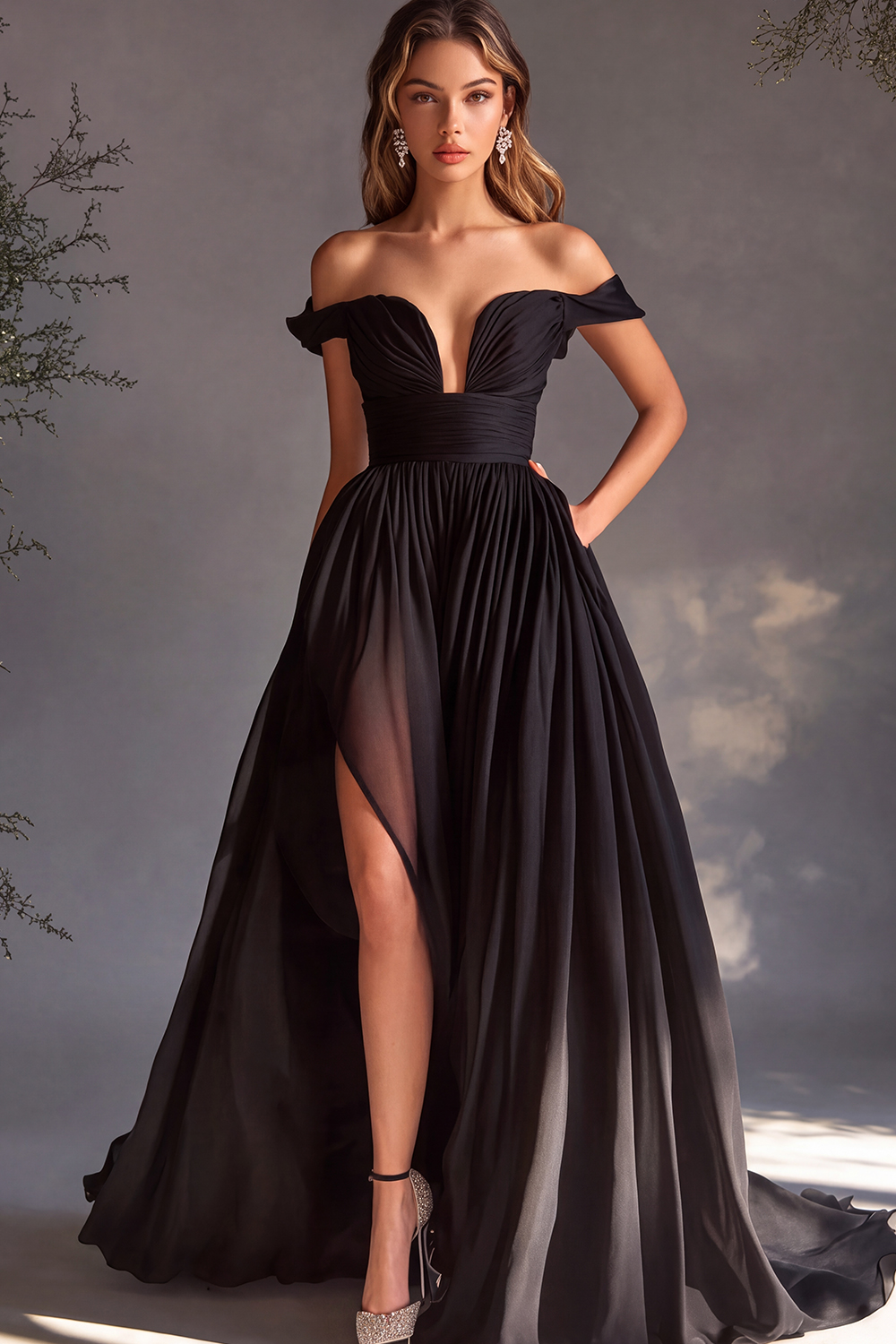 A Line Chiffon Ruched Long Black Tie Dress with Slit
