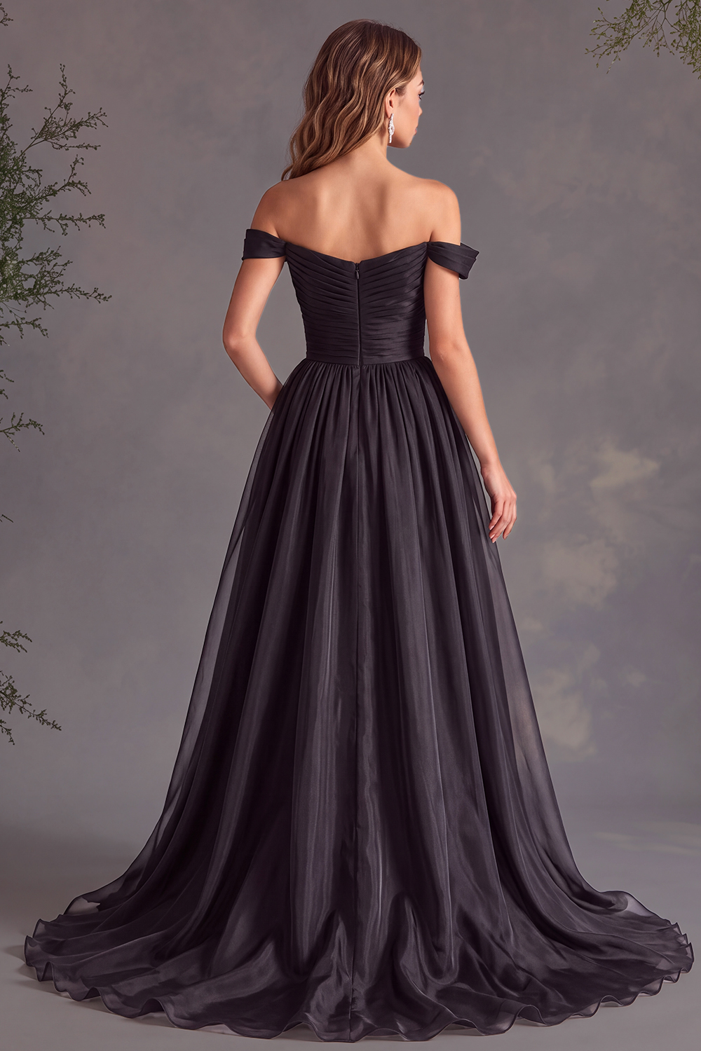 A Line Chiffon Ruched Long Black Tie Dress with Slit