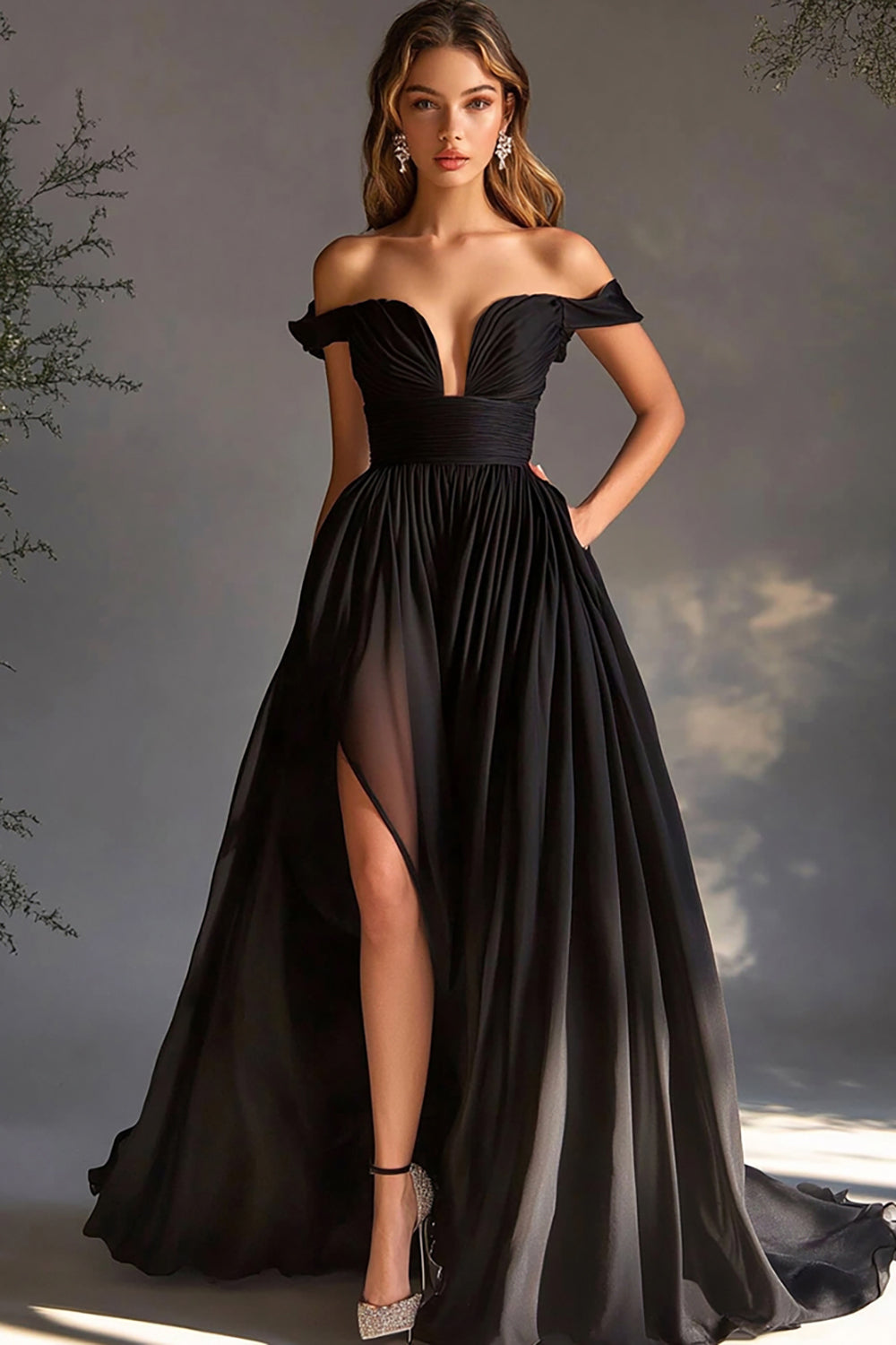 Leely Women Chiffon A Line Long Black Tie Dress with Slit Off the Shoulder Ruched Formal Dress