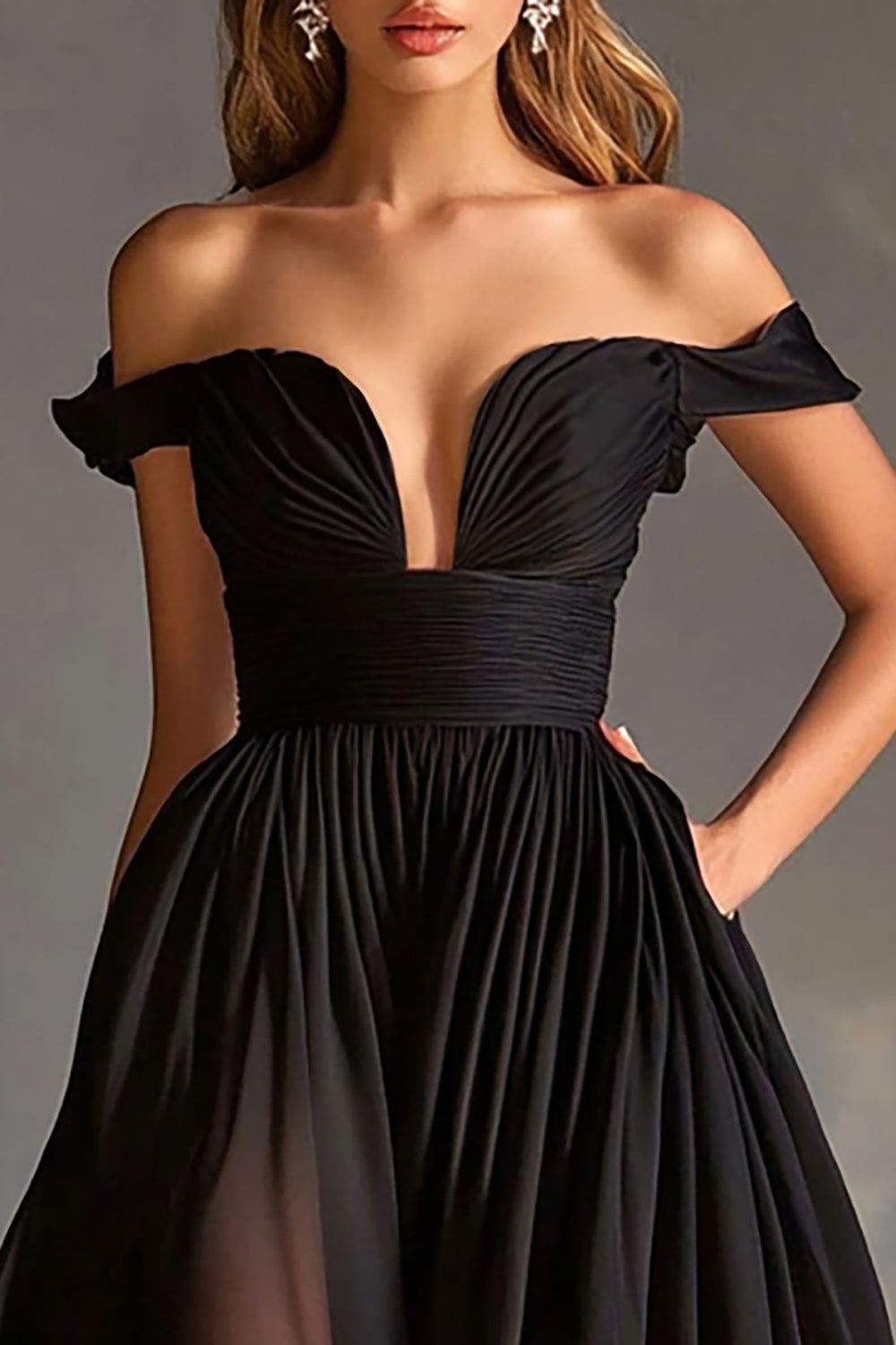 A Line Chiffon Ruched Long Black Tie Dress with Slit