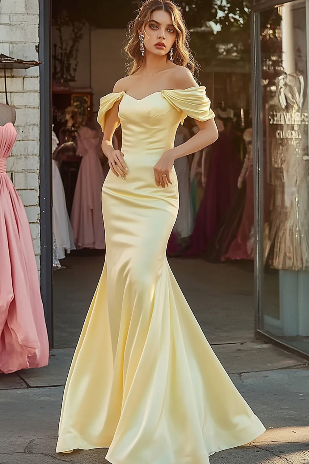 Satin Mermaid Daffodil Off the Shoulder Long Prom Dress