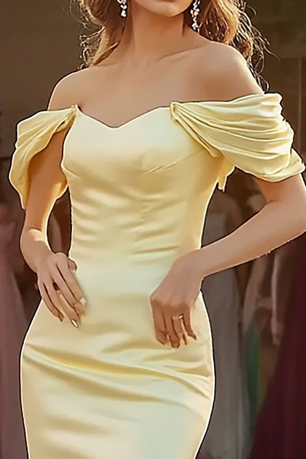 Satin Mermaid Daffodil Off the Shoulder Long Prom Dress