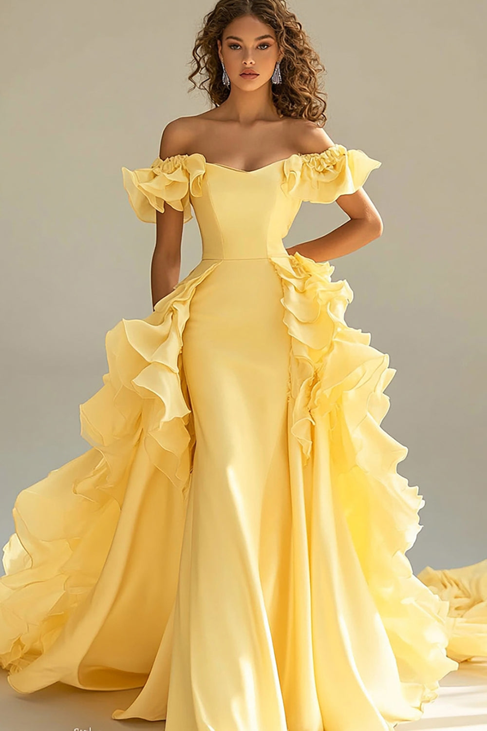 Leely Women Yellow Satin Mermaid Long Prom Dress Off the Shoulder Ruffled Formal Dress