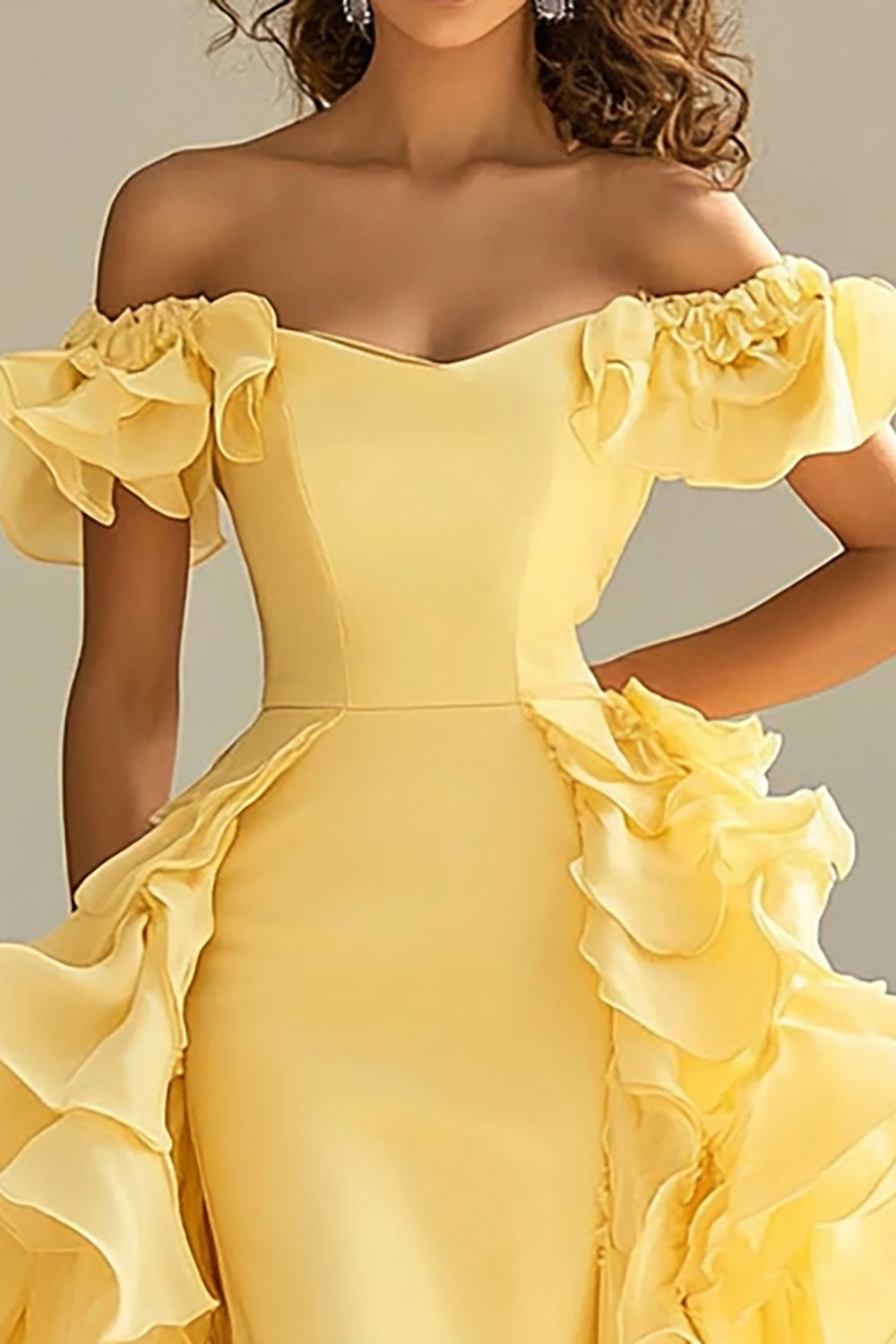 Yellow Mermaid Off the Shoulder Satin Long Prom Dress with Ruffles