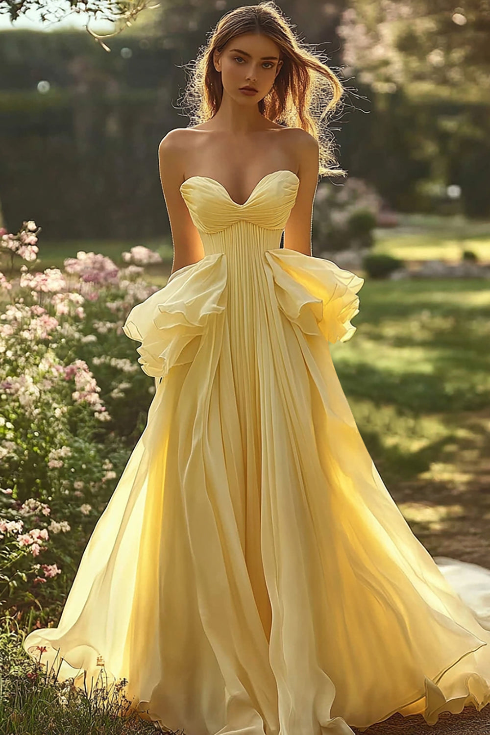 Daffodil Sweetheart Pleated A Line Chiffon Long Prom Dress with Ruffles
