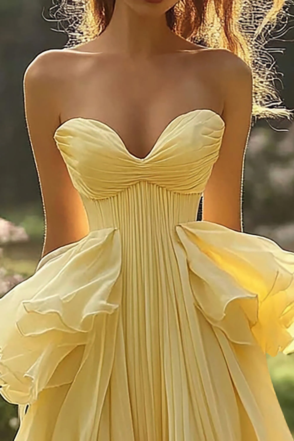 Daffodil Sweetheart Pleated A Line Chiffon Long Prom Dress with Ruffles