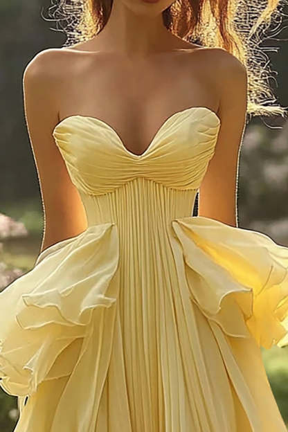Daffodil Sweetheart Pleated A Line Chiffon Long Prom Dress with Ruffles