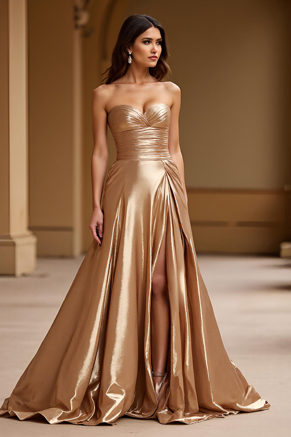 Metallic Gold A Line Sweetheart Ruched Long Prom Dress with Slit