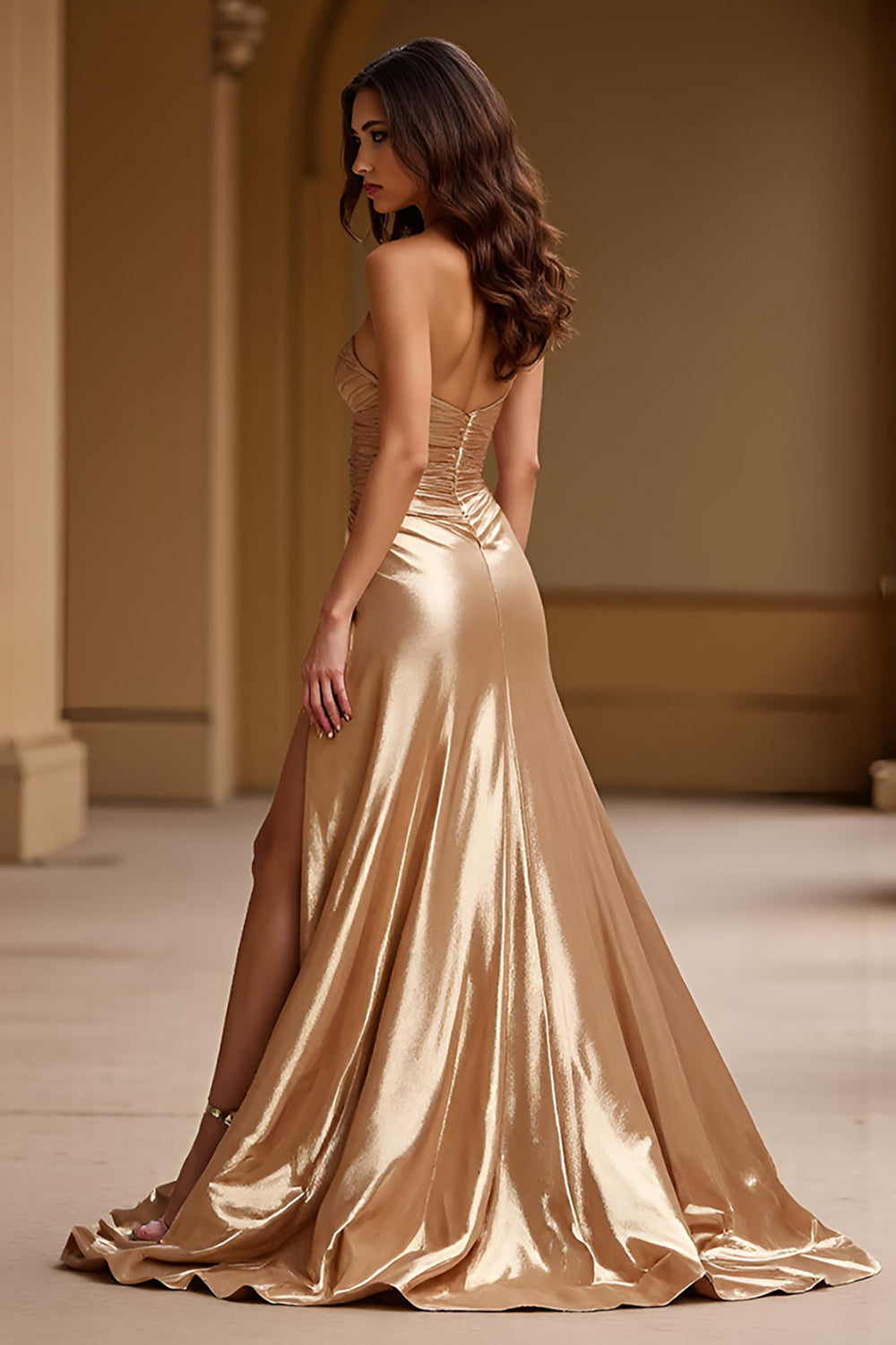 Metallic Gold A Line Sweetheart Ruched Long Prom Dress with Slit