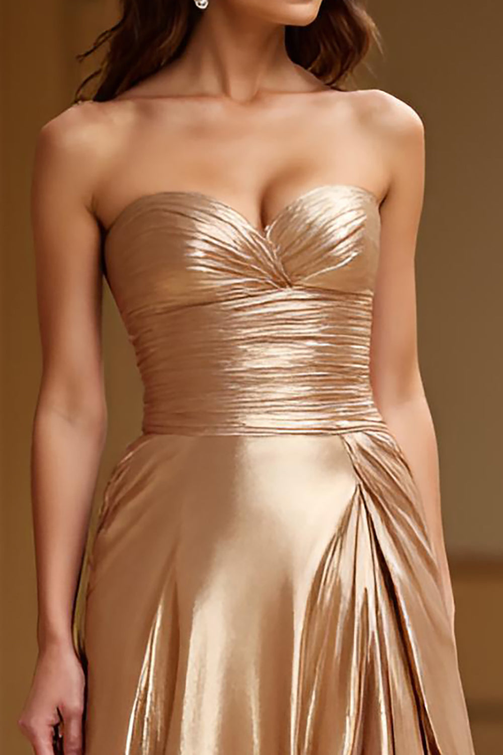 Metallic Gold A Line Sweetheart Ruched Long Prom Dress with Slit