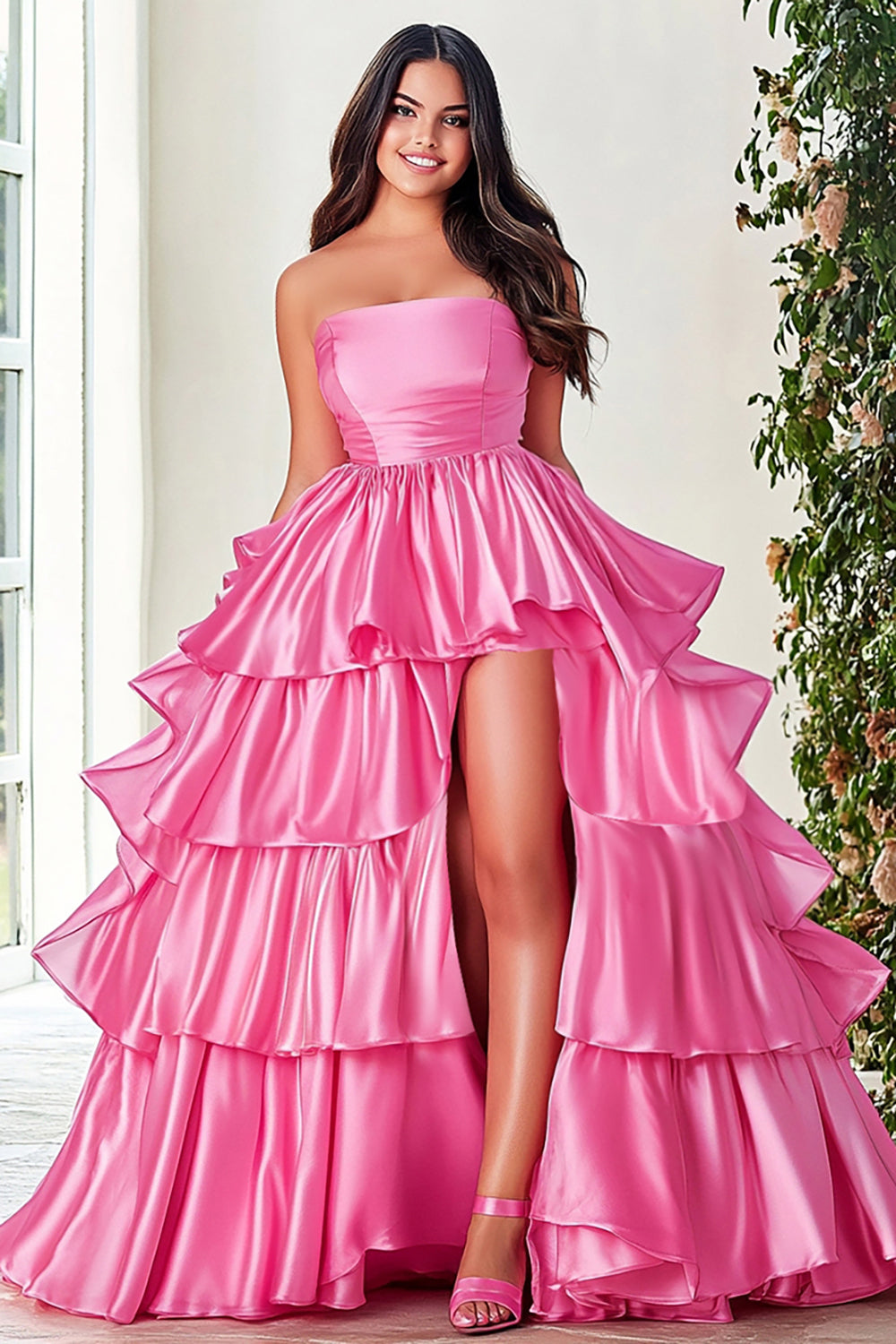 Leely Women Pink Satin Ball Gown Plus Size Long Prom Dress Strapless Tiered Sleeveless Birthday Dress with Slit