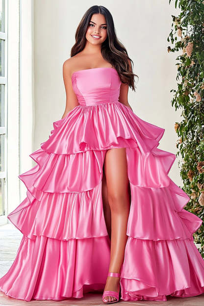 Leely Women Pink Satin Ball Gown Plus Size Long Prom Dress Strapless Tiered Sleeveless Birthday Dress with Slit