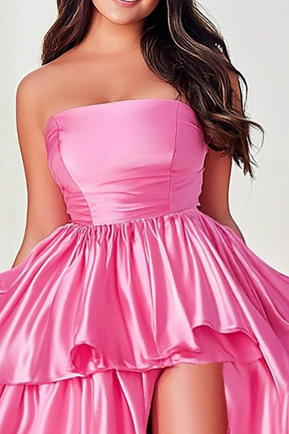 Pink Satin Ball Gown Tiered Strapless Plus Size Prom Dress with Slit