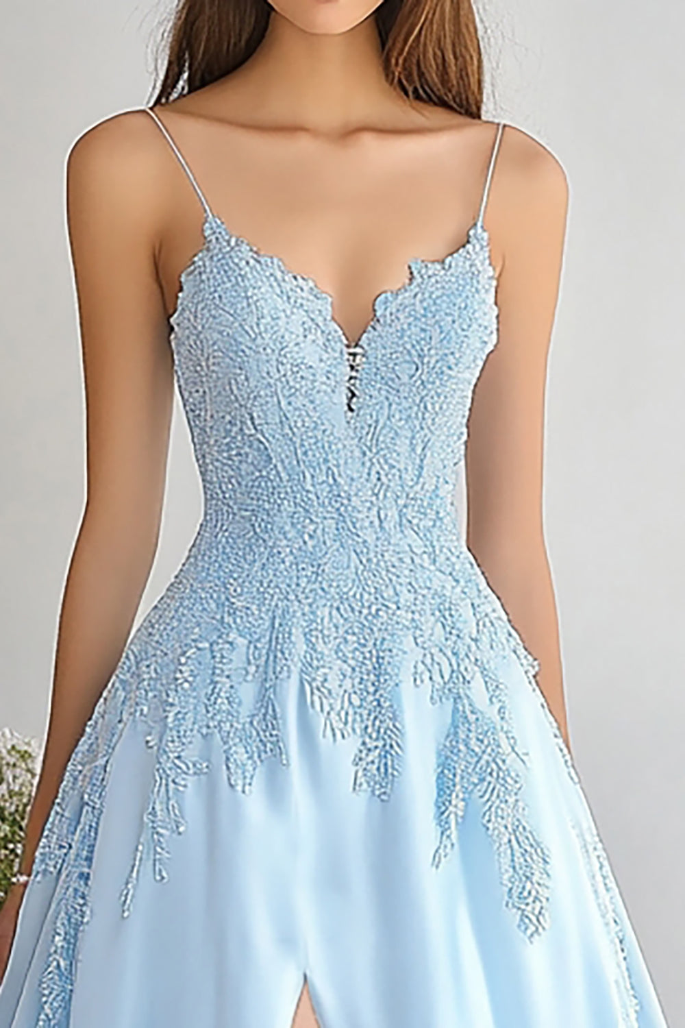 Sky Blue Chiffon Spaghetti Straps Maxi A-Line Prom Dress with Appliques