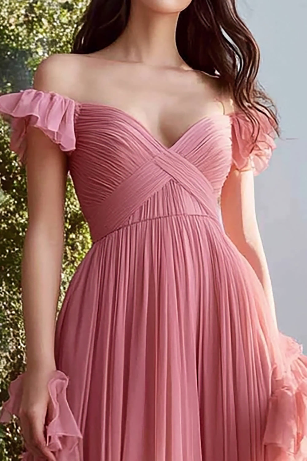 Dusty Rose Off the Shoulder Tulle Maxi A Line Prom Dress with Ruffles