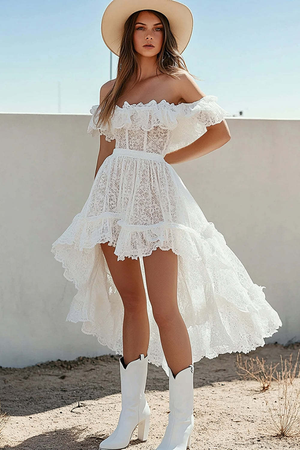 Leely Women Chic Ruffled White Lace Boho High Low Dress Off the Shoulder A Line Vocation Dress