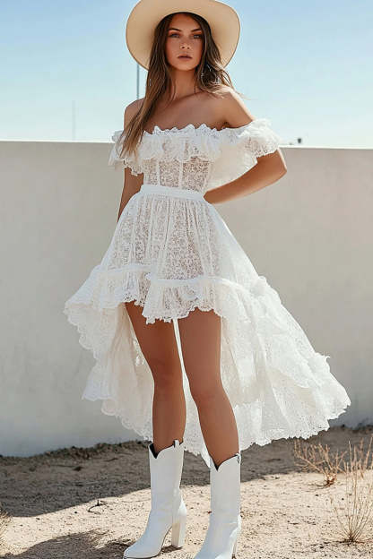 Leely Women Chic Ruffled White Lace Boho High Low Dress Off the Shoulder A Line Vocation Dress