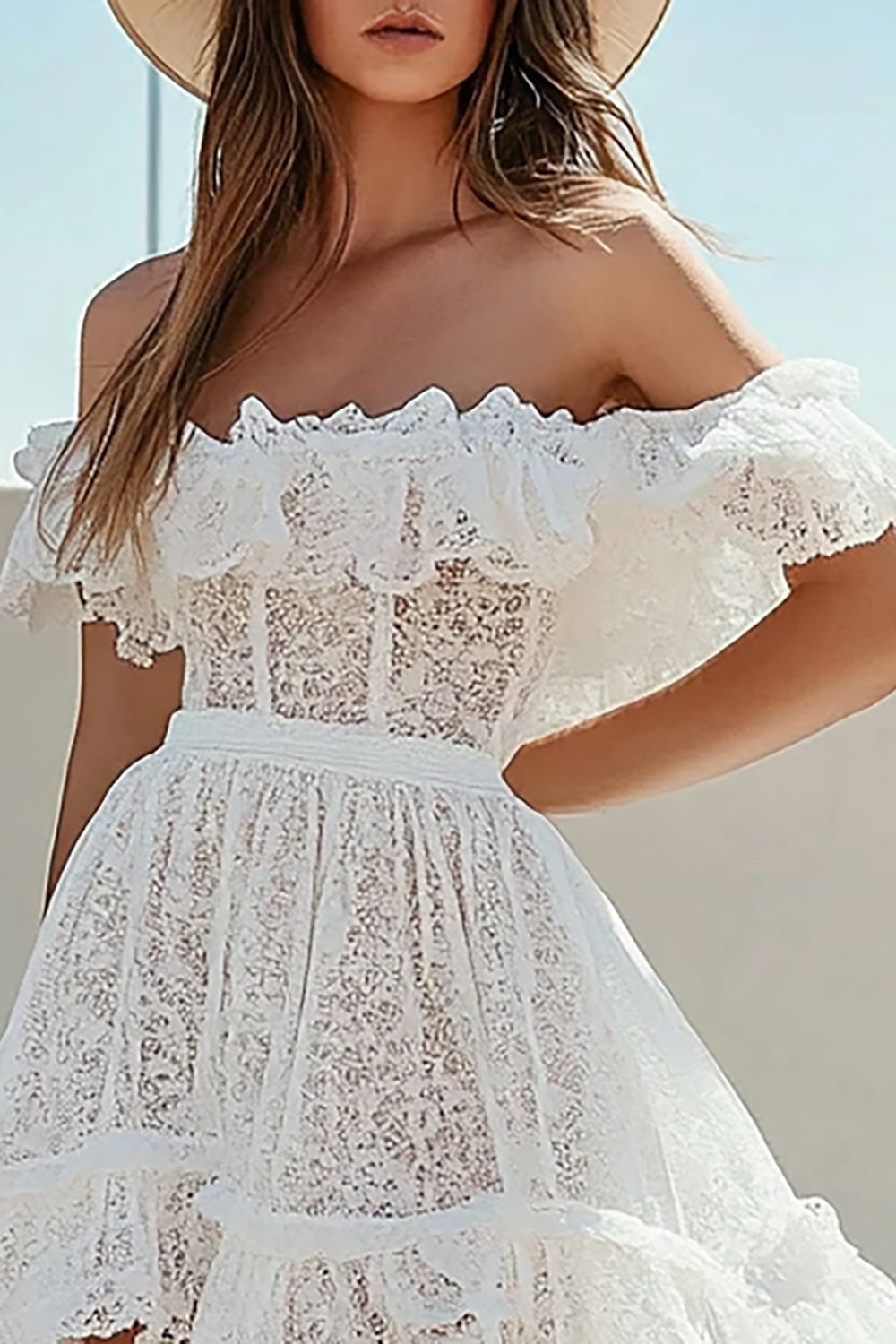 Ruffled Off the Shoulder White Lace Boho High Low Dress