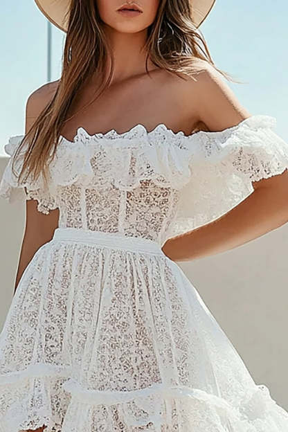 Ruffled Off the Shoulder White Lace Boho High Low Dress