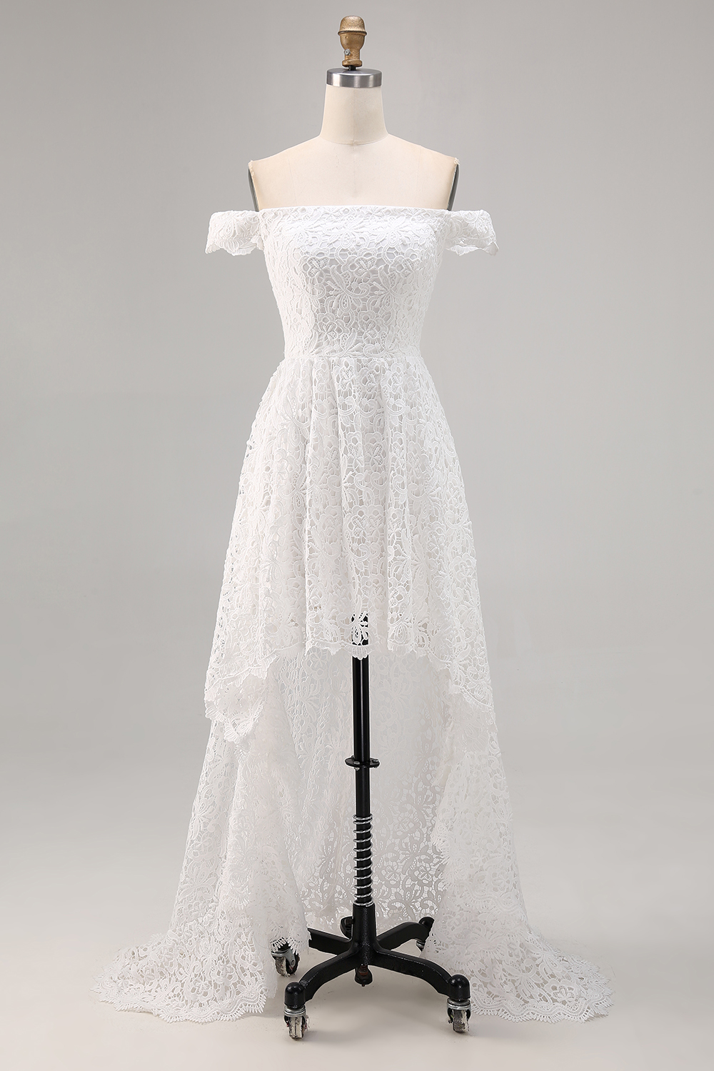 White Lace Off the Shoulder High Low A-Line Boho Dress with Ruffles