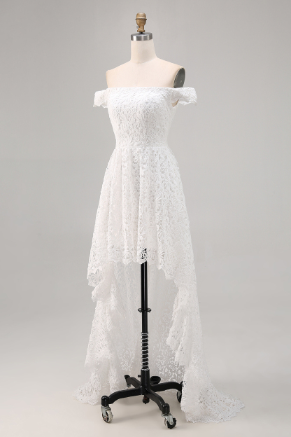 White Lace High Low A-Line Ruffled Boho Dress