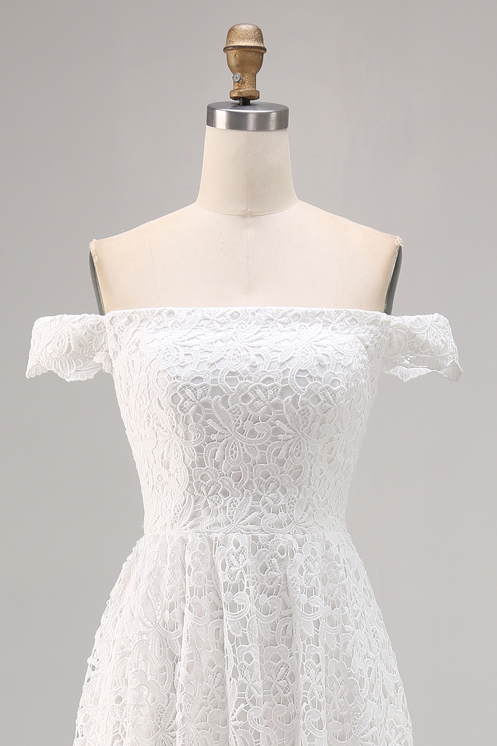 White Lace Off the Shoulder High Low A-Line Boho Dress with Ruffles
