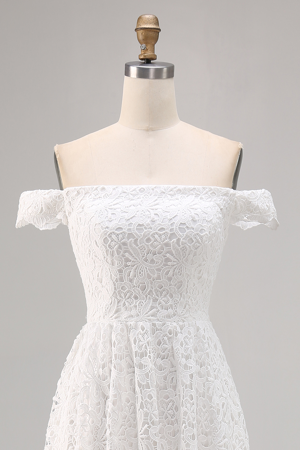 White Lace Off the Shoulder High Low A-Line Boho Dress with Ruffles