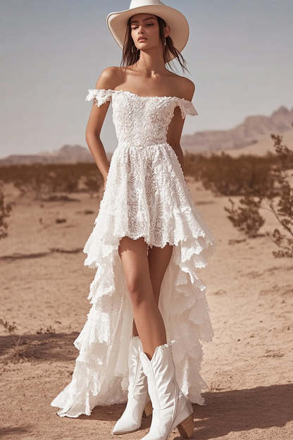 Leely Women White Lace A Line Boho Dress with Ruffles Off the Shoulder High Low Vocation Dress