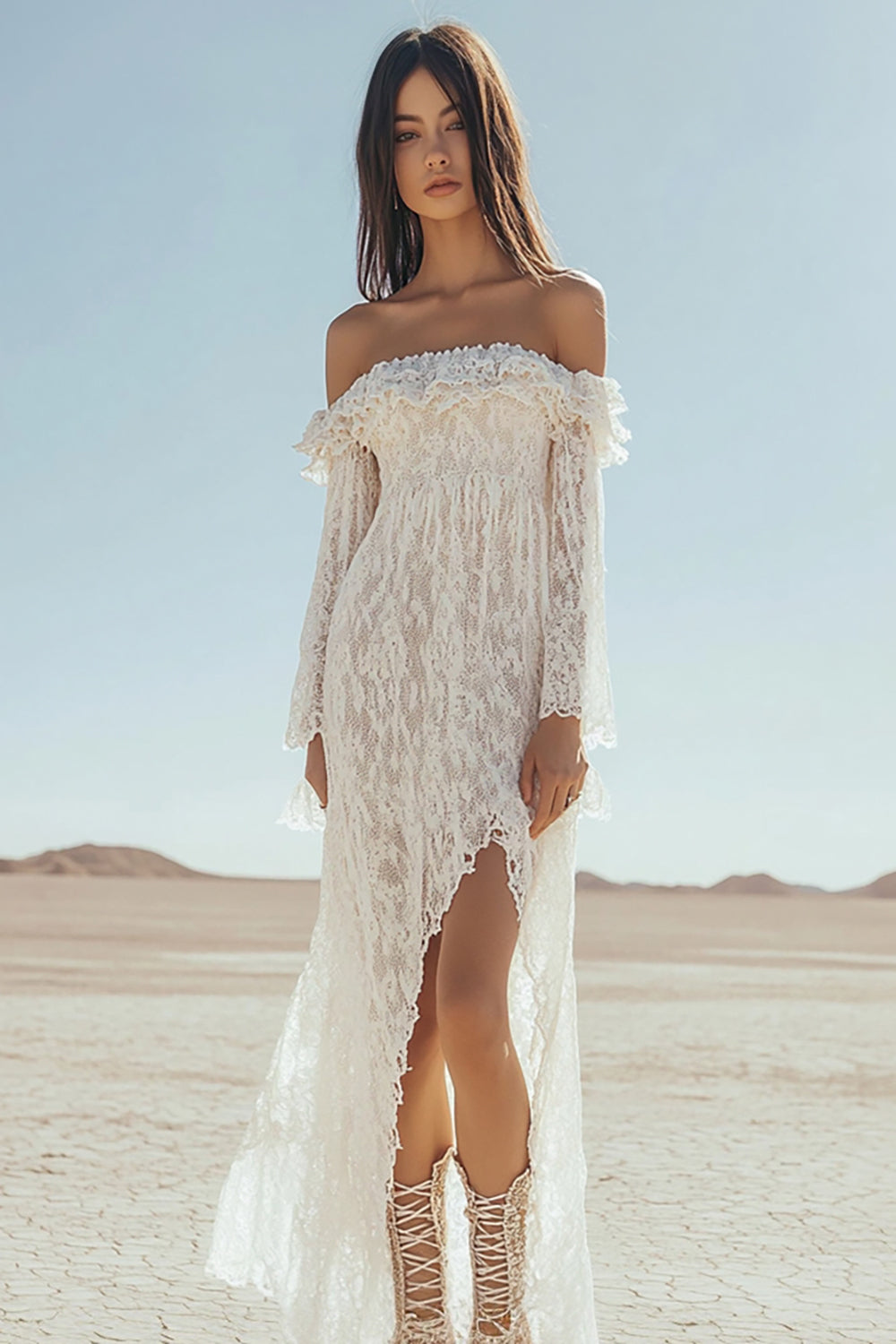 Sheath White Lace Long Sleeves Ruffled Boho Dress with Slit