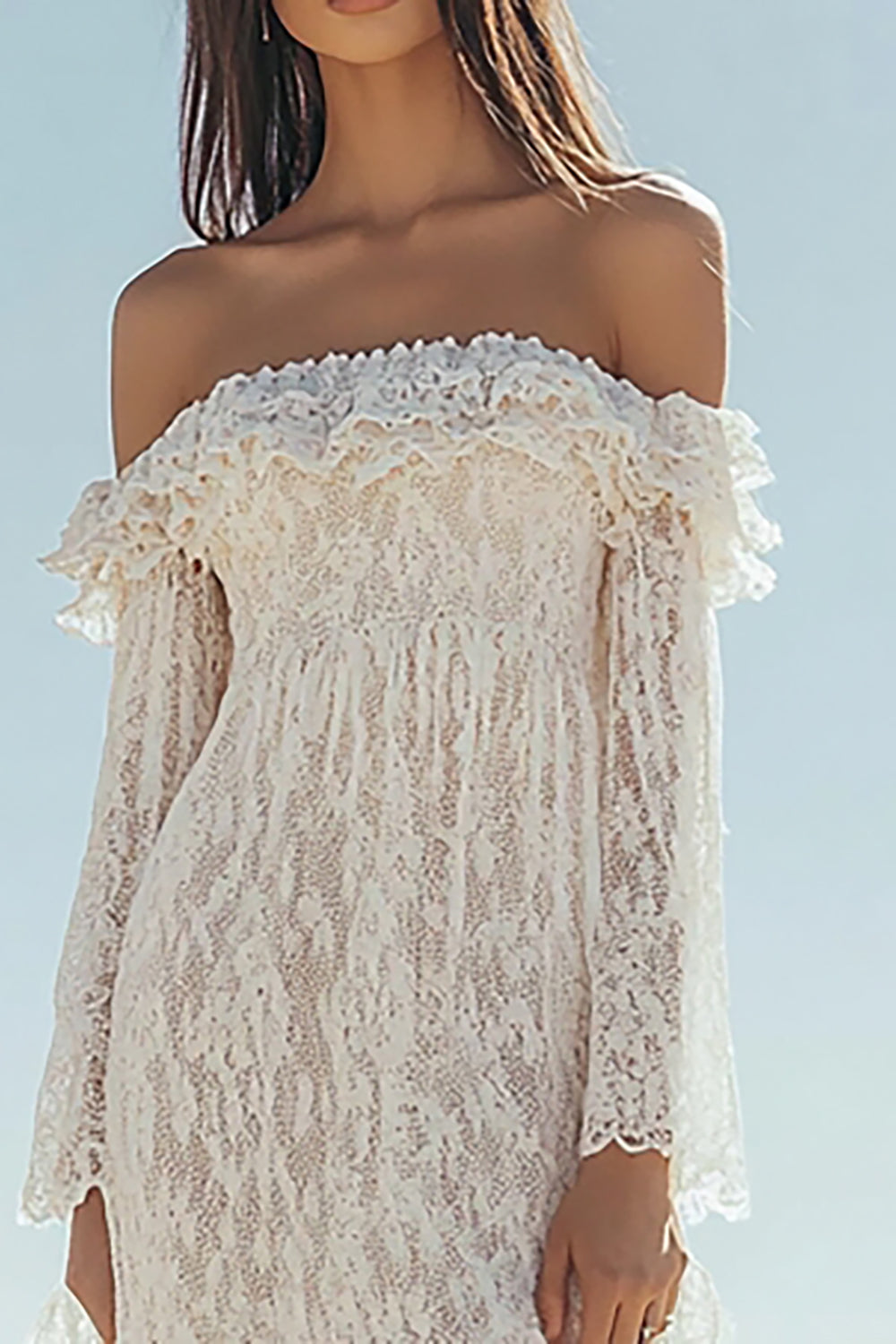 Sheath White Lace Long Sleeves Ruffled Boho Dress with Slit