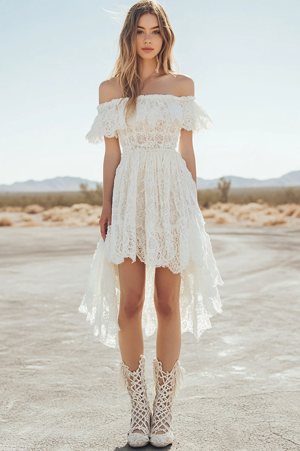 Lace White Off the Shoulder High Low  A Line Boho Dress