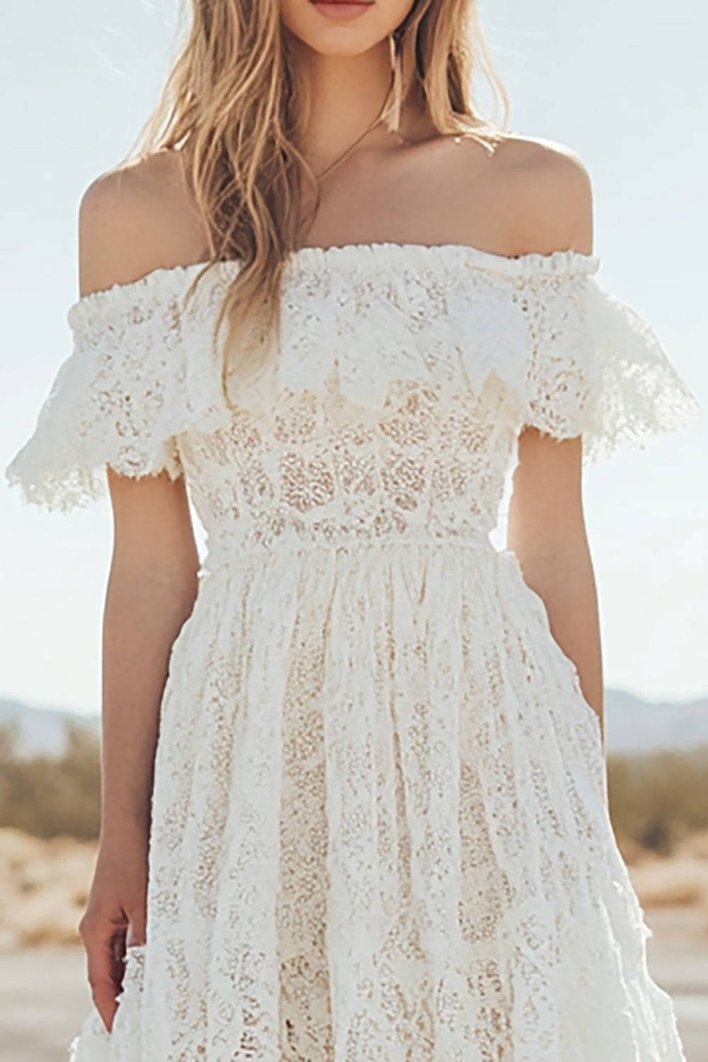 Lace White Off the Shoulder High Low  A Line Boho Dress