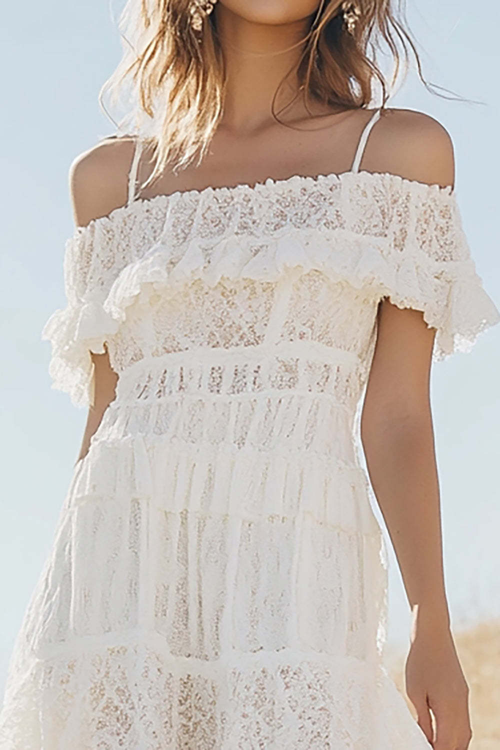 Cute Lace White Cold Shoulder High Low  A Line Boho Dress