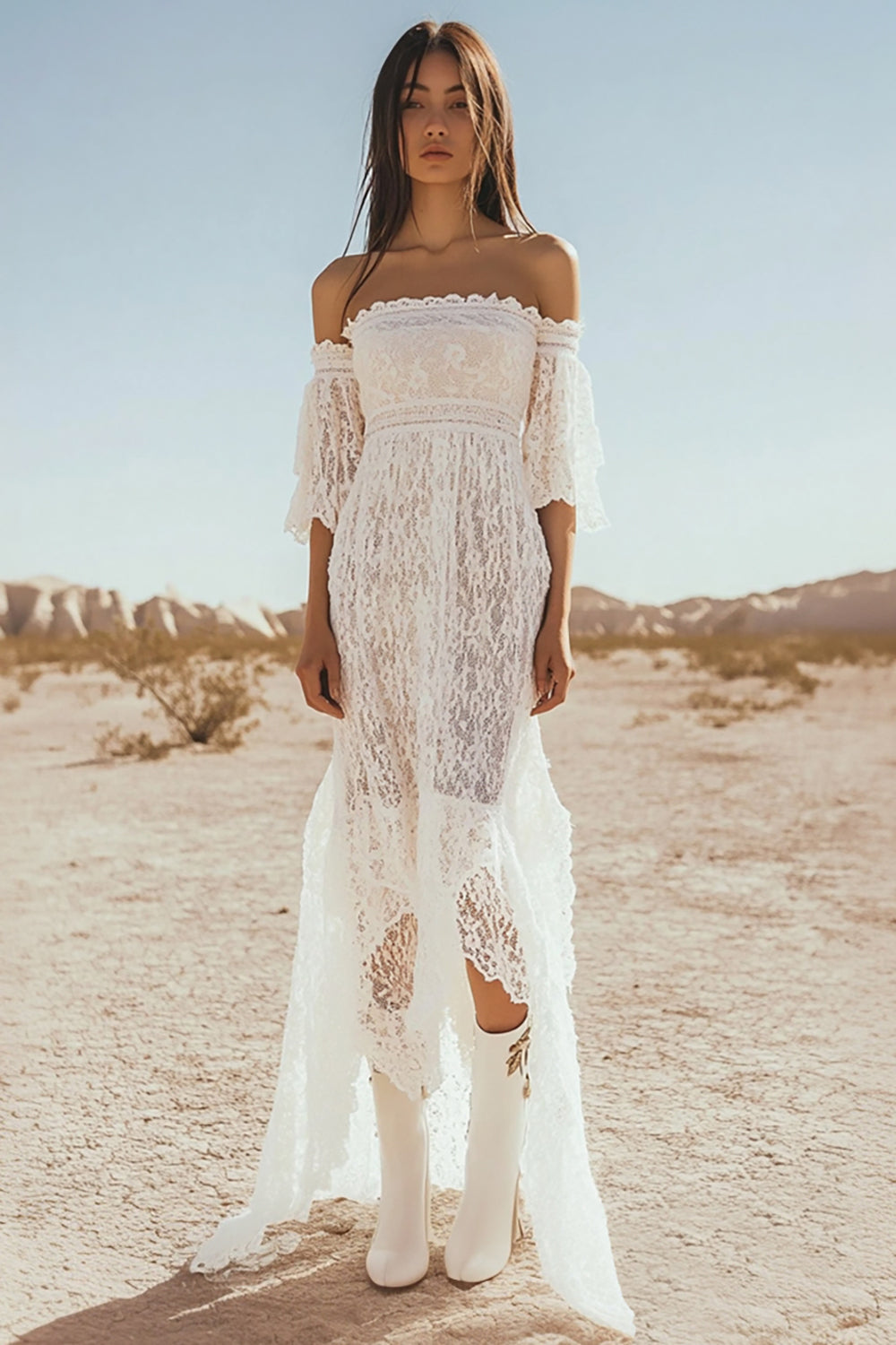 Lace White Sheath Half Sleeves Asymmetrical Boho Dress