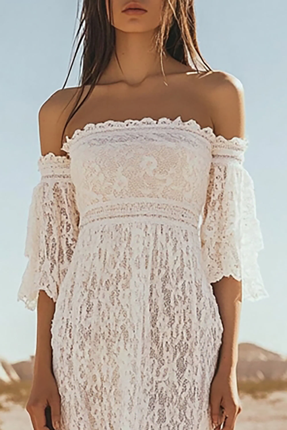 Lace White Sheath Half Sleeves Asymmetrical Boho Dress