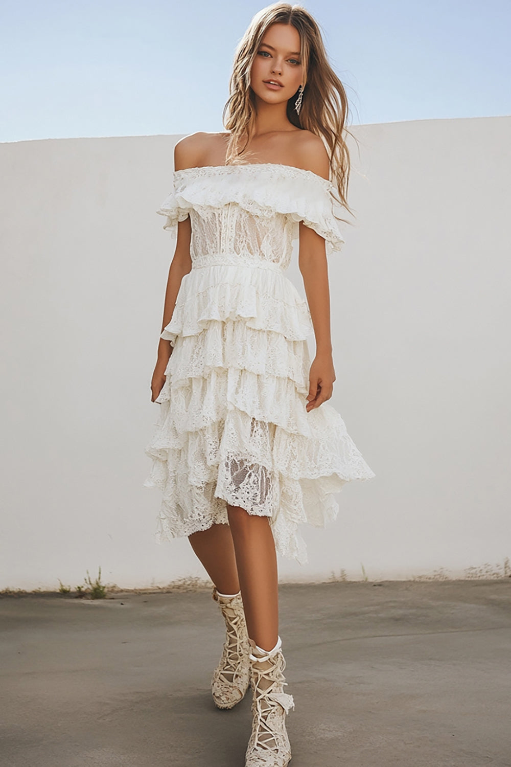 Tiered Lace White A Line Knee Length Boho Dress with Ruffles