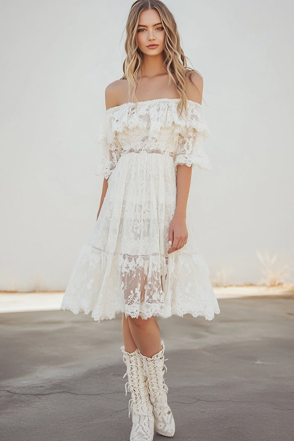 Lace White A Line Half Sleeves Knee Length Boho Dress with Ruffles