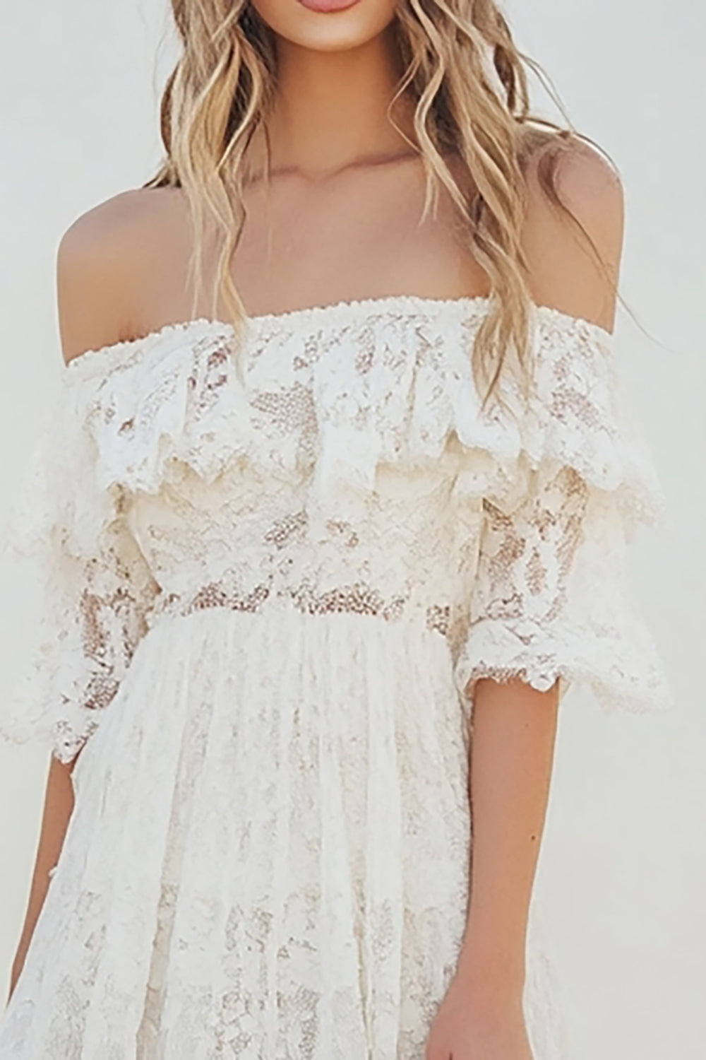 Lace White A Line Half Sleeves Knee Length Boho Dress with Ruffles