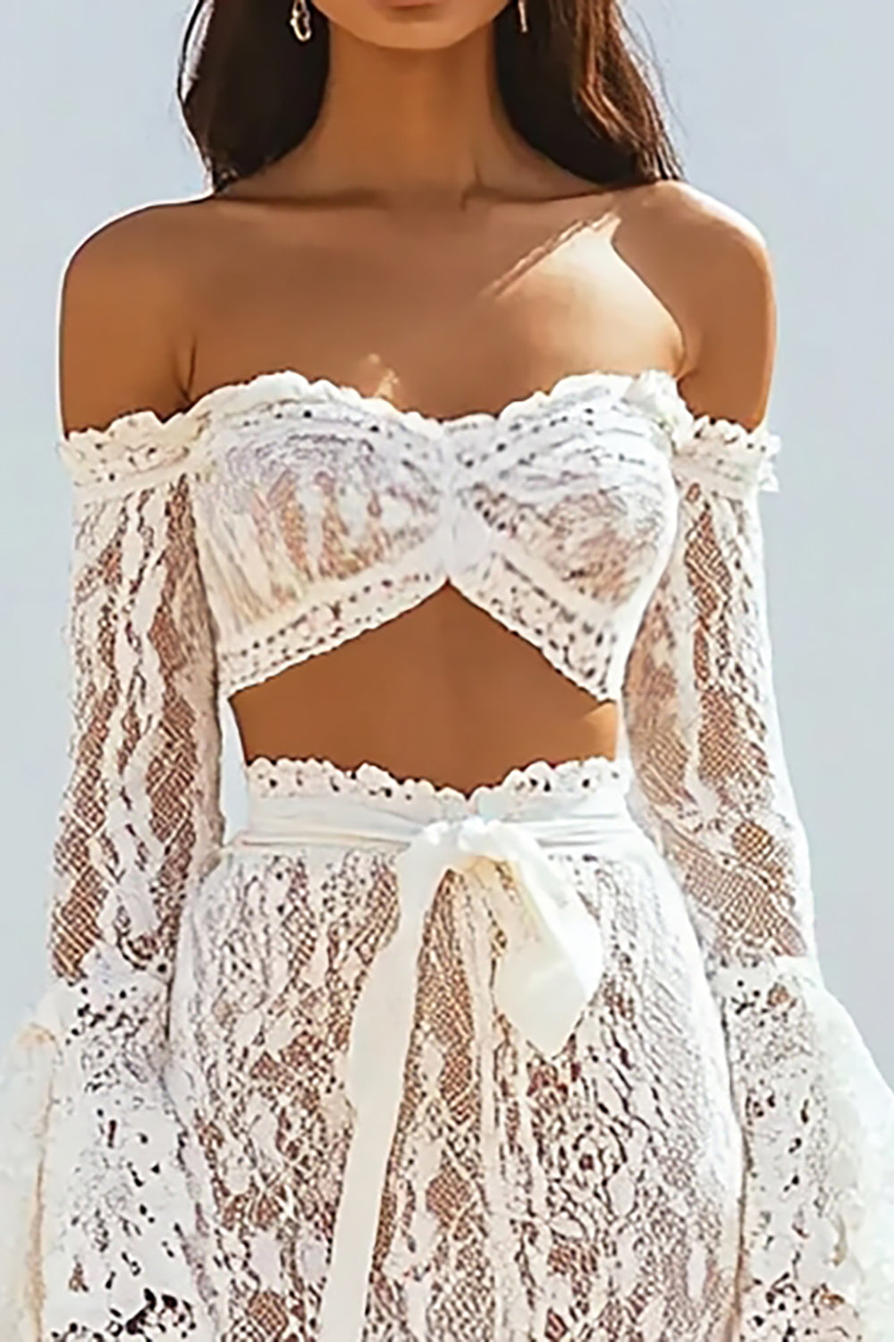 2 Piece Lace White Sheath Flare Sleeves Maxi Boho Dress with Sash