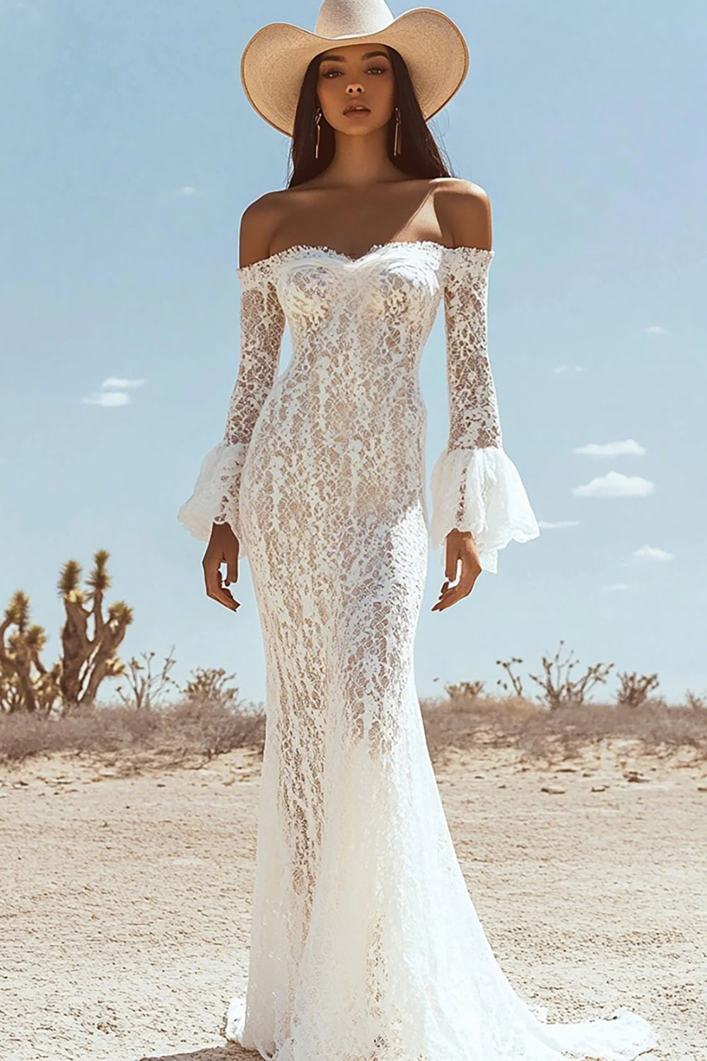 Off the Shoulder Lace White Mermaid Flare Sleeves Maxi Boho Dress