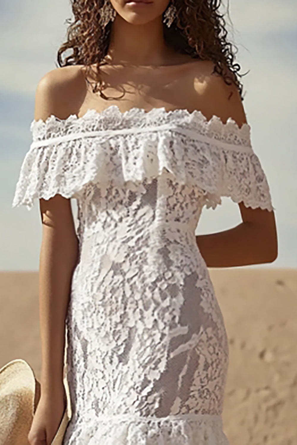 Off the Shoulder Lace White Sheath Maxi Boho Dress