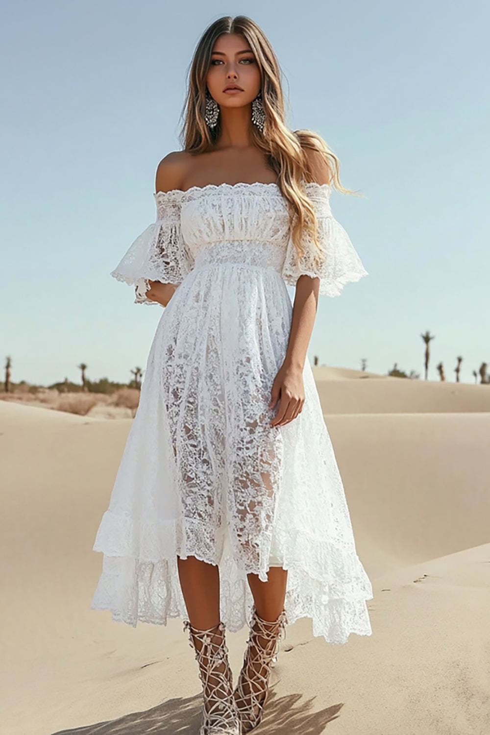 Leely Women White Lace A Line Boho Dress Off the Shoulder Midi Flutter Sleeves Vocation Dress