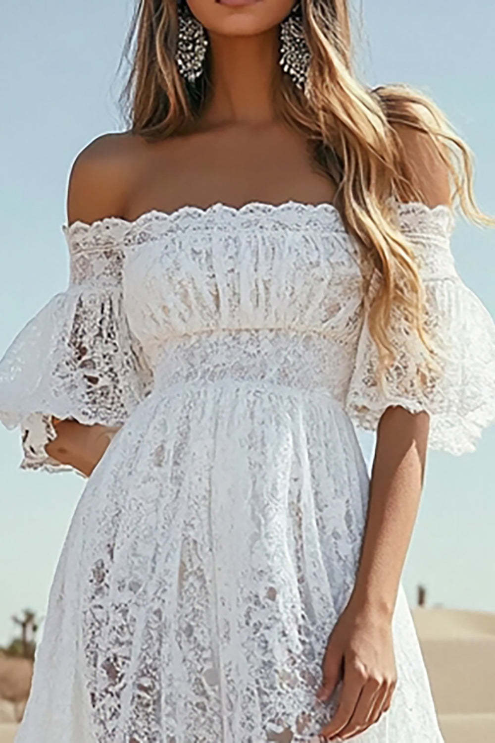 Off the Shoulder Lace White Flutter Sleeves A Line Midi Boho Dress