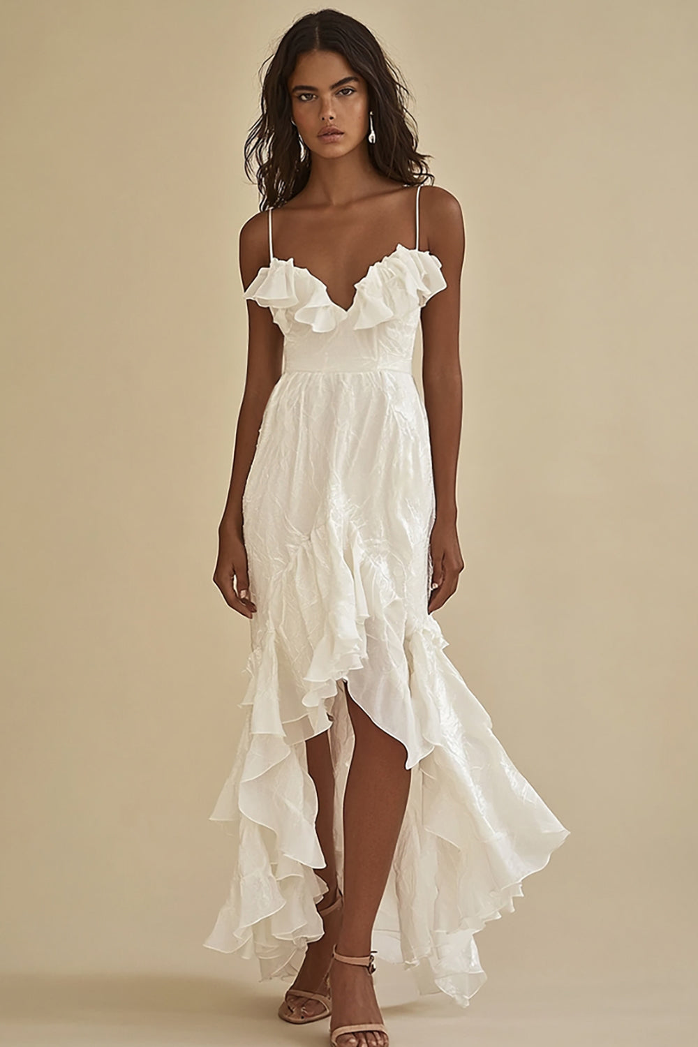 White Mermaid High-Low Graduation Dress with Ruffles
