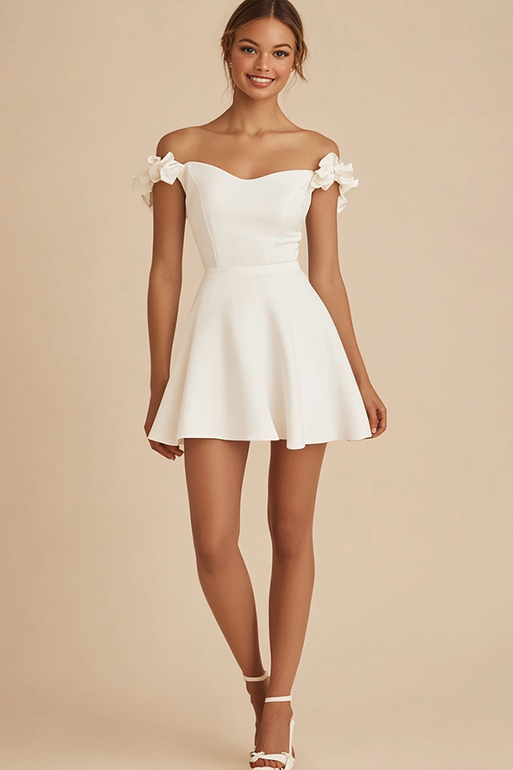 Leely Women White Satin Short Graduation Dress with Ruffles A Line Off the Shoulder Little White Dress